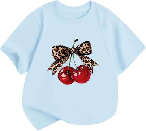 Girls Cute Cherry Shirts Kids Leopard Bow Tees Preppy Graphic T Shirt Aesthetic Short Sleeve Baggy Casual Tops in Saudi Arabia