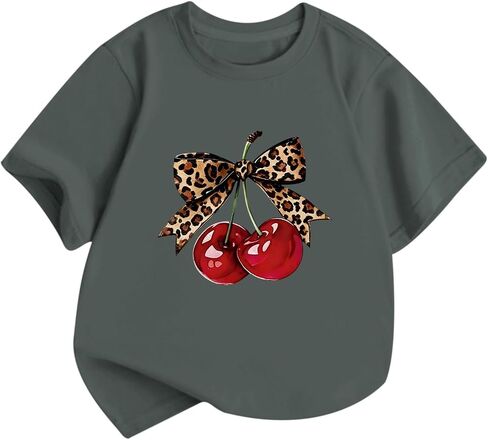 Girls Cute Cherry Shirts Kids Leopard Bow Tees Preppy Graphic T Shirt Aesthetic Short Sleeve Baggy Casual Tops in Saudi Arabia