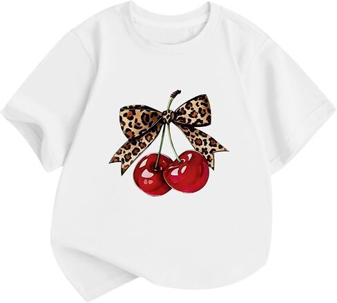 Girls Cute Cherry Shirts Kids Leopard Bow Tees Preppy Graphic T Shirt Aesthetic Short Sleeve Baggy Casual Tops in Saudi Arabia
