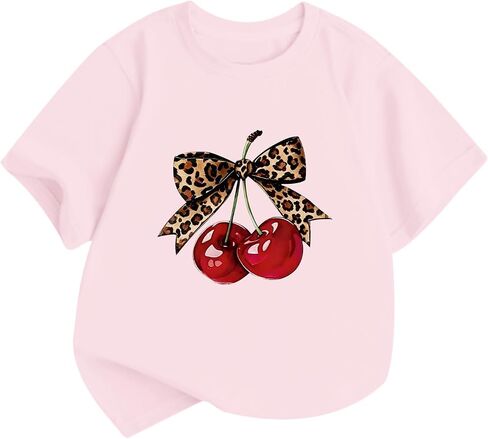 Girls Cute Cherry Shirts Kids Leopard Bow Tees Preppy Graphic T Shirt Aesthetic Short Sleeve Baggy Casual Tops in Saudi Arabia