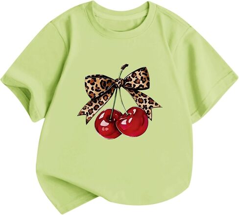 Girls Cute Cherry Shirts Kids Leopard Bow Tees Preppy Graphic T Shirt Aesthetic Short Sleeve Baggy Casual Tops in Saudi Arabia