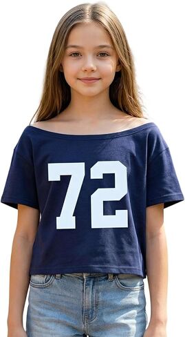 Girls Number Graphic Tees Y2K Off The Shoulder Crop Tops Preppy Jersey Shirt Loose Streetwear T Shirts for Teen Girls in Saudi Arabia