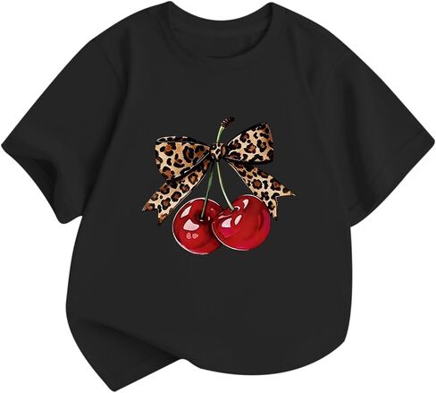 Girls Cute Cherry Shirts Kids Leopard Bow Tees Preppy Graphic T Shirt Aesthetic Short Sleeve Baggy Casual Tops in Saudi Arabia