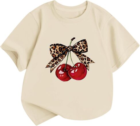 Girls Cute Cherry Shirts Kids Leopard Bow Tees Preppy Graphic T Shirt Aesthetic Short Sleeve Baggy Casual Tops in Saudi Arabia