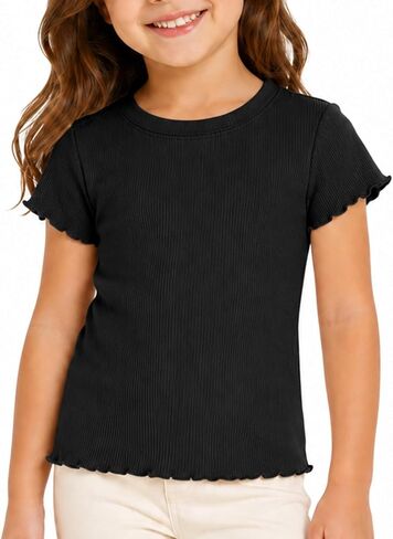 Toddler Girls Ribbed T Shirt, Cotton Blend Short Sleeve Lettuce Trim Tee, Summer Basic Top in Saudi Arabia