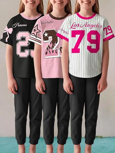 Girls 3-Piece T-Shirt Set, Los Angeles Graphic Tee & Number 23 79 Print Tops, Casual Sporty Bundle 8-12 Years in Kuwait