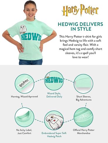 قميص هاري بوتر، قميص بناتي Hedwig بأكمام قصيرة، تي شيرت قطني للأطفال للصيف، قميص علوي يشبه الصندوق للفتيات من Hogwarts in Kuwait
