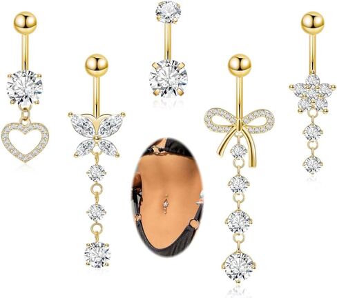 REVOLIA 5Pcs 14G 316L Stainless Steel Dangle Belly Button Rings Heart Flower Dangling Navel Ring Cute Bow Butterfly Belly Ring Sparkling CZ Belly Piercing Jewelry 10MM Gold in Kuwait