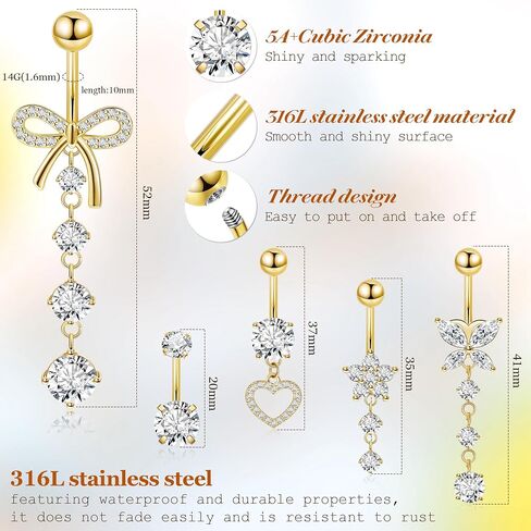 REVOLIA 5Pcs 14G 316L Stainless Steel Dangle Belly Button Rings Heart Flower Dangling Navel Ring Cute Bow Butterfly Belly Ring Sparkling CZ Belly Piercing Jewelry 10MM Gold in Kuwait