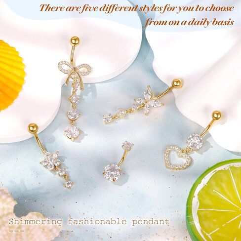 REVOLIA 5Pcs 14G 316L Stainless Steel Dangle Belly Button Rings Heart Flower Dangling Navel Ring Cute Bow Butterfly Belly Ring Sparkling CZ Belly Piercing Jewelry 10MM Gold in Kuwait