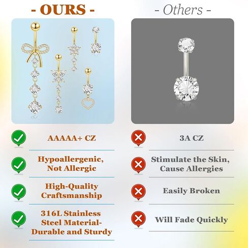 REVOLIA 5Pcs 14G 316L Stainless Steel Dangle Belly Button Rings Heart Flower Dangling Navel Ring Cute Bow Butterfly Belly Ring Sparkling CZ Belly Piercing Jewelry 10MM Gold in Kuwait