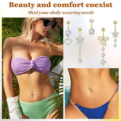 REVOLIA 5Pcs 14G 316L Stainless Steel Dangle Belly Button Rings Heart Flower Dangling Navel Ring Cute Bow Butterfly Belly Ring Sparkling CZ Belly Piercing Jewelry 10MM Gold in Kuwait