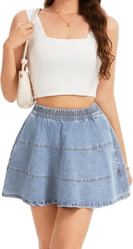 HERBATOMIA Women's Denim Mini Skirt Casual 2026 Stretchy Summer A-Line Flared Tiered Jean Skirts for Women with Pockets in Saudi Arabia
