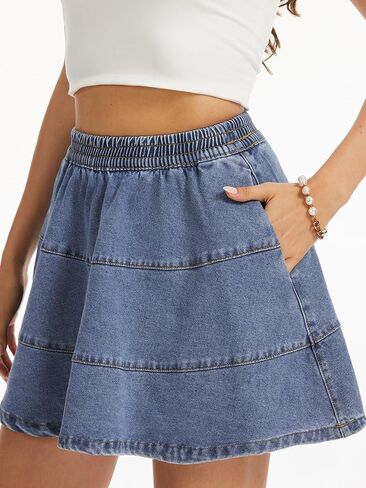 HERBATOMIA Women's Denim Mini Skirt Casual 2026 Stretchy Summer A-Line Flared Tiered Jean Skirts for Women with Pockets in Saudi Arabia