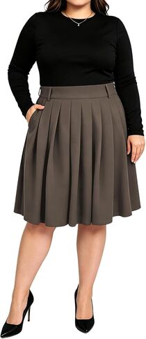 Moon Wood Women's Plus Size Pleated Skirt Midi Length High Waist Skirts A-Line Vintage Skirt with Pockets in Kuwait