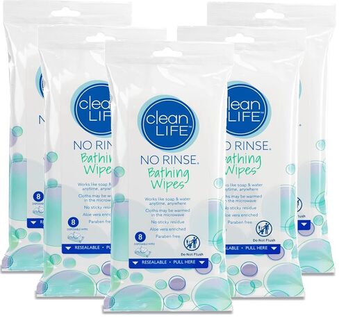 No-Rinse Bathing Wipes by Cleanlife Products, Premoistened and Aloe Vera Enriched for Maximum Cleansing and Deodorizing - Microwaveable, Hypoallergenic, Rinse-Free and Latex-Free (8 Wipes) in Kuwait
