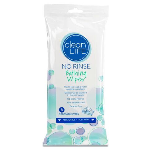 No-Rinse Bathing Wipes by Cleanlife Products, Premoistened and Aloe Vera Enriched for Maximum Cleansing and Deodorizing - Microwaveable, Hypoallergenic, Rinse-Free and Latex-Free (8 Wipes) in Kuwait