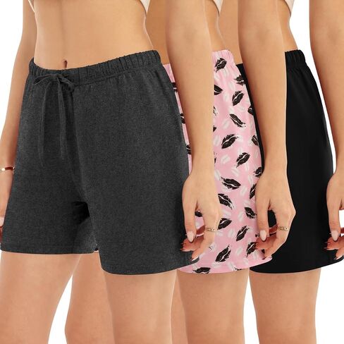 Womens 3-Pack Pajama Shorts, Boxer Sleep Shorts with Drawstring for Lounge in Saudi Arabia