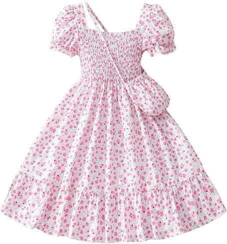 Floerns Girl's Floral Square Neck Dress Summer Puff Sleeve Shirred Ruffle Hem A Line Dresses in Kuwait