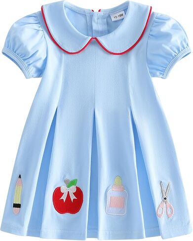 Toddler Girl Back to School Outfit Pre-K Puff Short Sleeve Smocked Dress First Day of School Clothes Summer in Kuwait