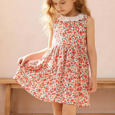 Girls' Sleeveless Floral Print Dress A-Line Lace Trim Summer Casual Easy Care for Daily Use 4-7Y in Kuwait