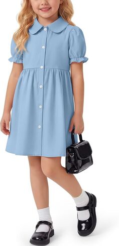 Girls Doll Collar Dress Puff Sleeve Button Down Kids Summer Casual A Line Mini School Uniform Dresses 5-14 Years in Kuwait