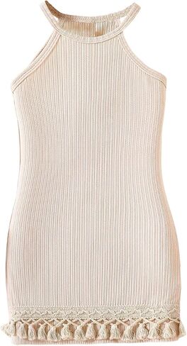 OYOANGLE Girl's Bohemian Tassel Hem Halter Dress Sleeveless Textured Vacation Short Dress in Kuwait