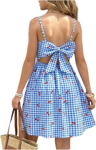 SHENHE Girl's Gingham Dress Cherry Print Bow Tie Back Spaghetti Strap Cute Cami Dress Flowy Sundress in Kuwait