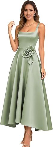 Satin Mother of The Bride Dresses for Women Tea Length 3D Flower A Line Formal Wedding Guest Dress in Kuwait