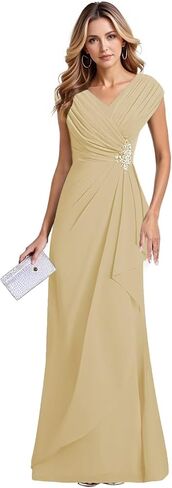 Chiffon V Neck Mother of The Bride Dresses for Women Cap Sleeve Pleated Formal Wedding Gown HX042 in Saudi Arabia