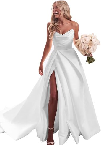 Women's Off The Shoulder Wedding Dresses for Bride with Trains Strapless Formal Bridal Gowns Slit Satin Prom Dress in Saudi Arabia