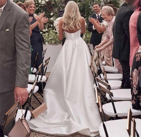 Women's Off The Shoulder Wedding Dresses for Bride with Trains Strapless Formal Bridal Gowns Slit Satin Prom Dress in Kuwait