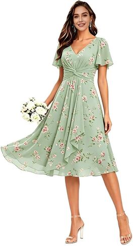 Women's Ruffles Chiffon Bridesmaid Dresses for Wedding with Flutter Sleeve Pleats V-Neck Formal Cocktail Dress in Saudi Arabia