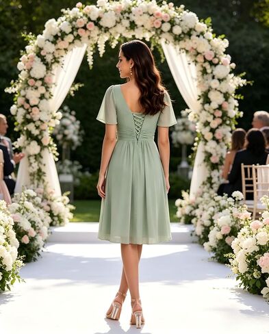 Women's Ruffles Chiffon Bridesmaid Dresses for Wedding with Flutter Sleeve Pleats V-Neck Formal Cocktail Dress in Saudi Arabia