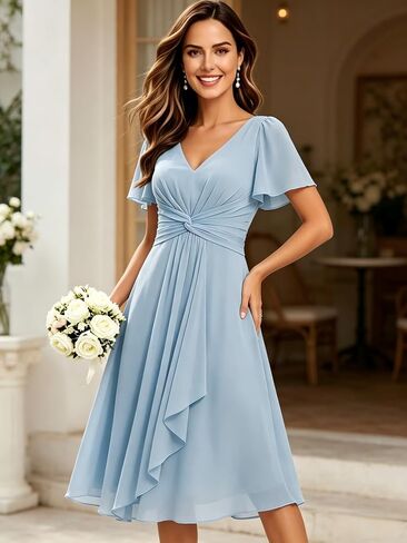 Women's Ruffles Chiffon Bridesmaid Dresses for Wedding with Flutter Sleeve Pleats V-Neck Formal Cocktail Dress in Saudi Arabia