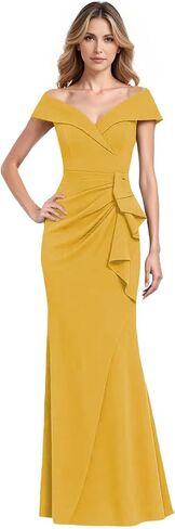 Satin Off Shoulder Mother of The Bride Dresses for Women Mermaid Long Ruched Formal Evening Gown HX054 in Saudi Arabia