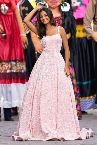 zsweof Sequin Prom Dress for Women Spaghetti Straps Formal Dresses 2026 A Line Evening Gown with Pocket in Kuwait