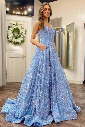 zsweof Sequin Prom Dress for Women Spaghetti Straps Formal Dresses 2026 A Line Evening Gown with Pocket in Kuwait