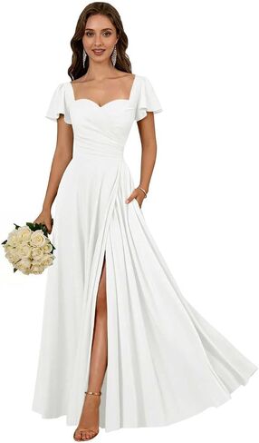 KDTM Chiffon Flutter Sleeve Bridesmaids Dress for Women Pleated A Line Formal Evening Gowns with Slit in Saudi Arabia
