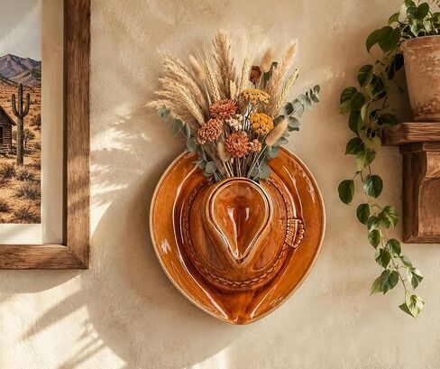 Cowboy Hat Vase for Wall | Large Size 11.8" | Ceramic Cowboy Hanging Planter for Indoor | Vintage Western Home Decor for Bathroom & Bedroom | Wall Mounted Flower Vase | Boho & Country Home Decor in Kuwait
