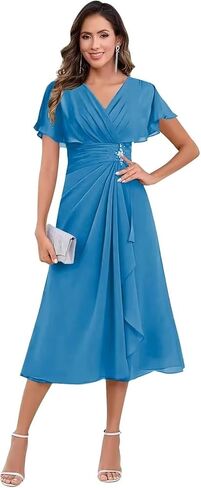 Chiffon Mother of the Bride Dresses for Women Tea Length Beading Short Sleeve Wedding Dresses for Guest in Kuwait