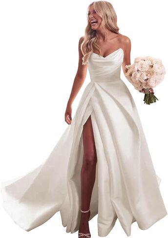 Women's Off The Shoulder Wedding Dresses for Bride with Trains Strapless Formal Bridal Gowns Slit Satin Prom Dress in Kuwait