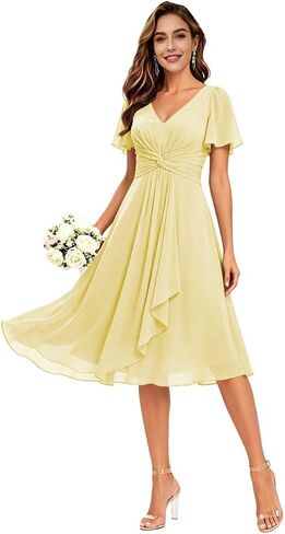 Women's Ruffles Chiffon Bridesmaid Dresses for Wedding with Flutter Sleeve Pleats V-Neck Formal Cocktail Dress in Saudi Arabia