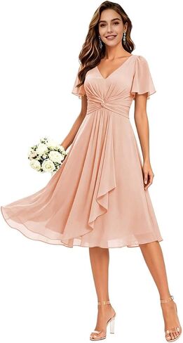 Women's Ruffles Chiffon Bridesmaid Dresses for Wedding with Flutter Sleeve Pleats V-Neck Formal Cocktail Dress in Saudi Arabia