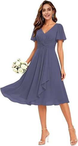 Women's Ruffles Chiffon Bridesmaid Dresses for Wedding with Flutter Sleeve Pleats V-Neck Formal Cocktail Dress in Saudi Arabia