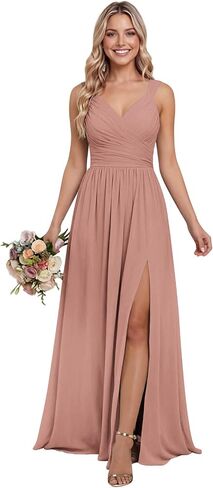 Ruffled V Neck Bridesmaid Dresses A-line Slit Chiffon Wedding Guest Dress Spaghetti Straps Wedding Formal Dress in Saudi Arabia