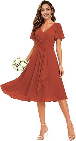 Women's Ruffles Chiffon Bridesmaid Dresses for Wedding with Flutter Sleeve Pleats V-Neck Formal Cocktail Dress in Saudi Arabia