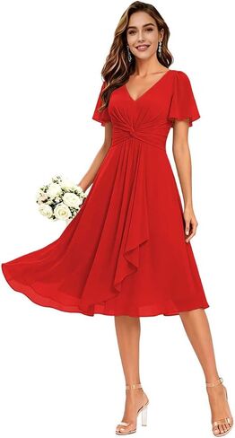 Women's Ruffles Chiffon Bridesmaid Dresses for Wedding with Flutter Sleeve Pleats V-Neck Formal Cocktail Dress in Saudi Arabia