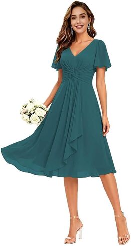 Women's Ruffles Chiffon Bridesmaid Dresses for Wedding with Flutter Sleeve Pleats V-Neck Formal Cocktail Dress in Saudi Arabia