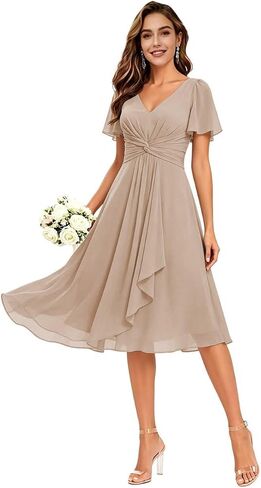 Women's Ruffles Chiffon Bridesmaid Dresses for Wedding with Flutter Sleeve Pleats V-Neck Formal Cocktail Dress in Saudi Arabia